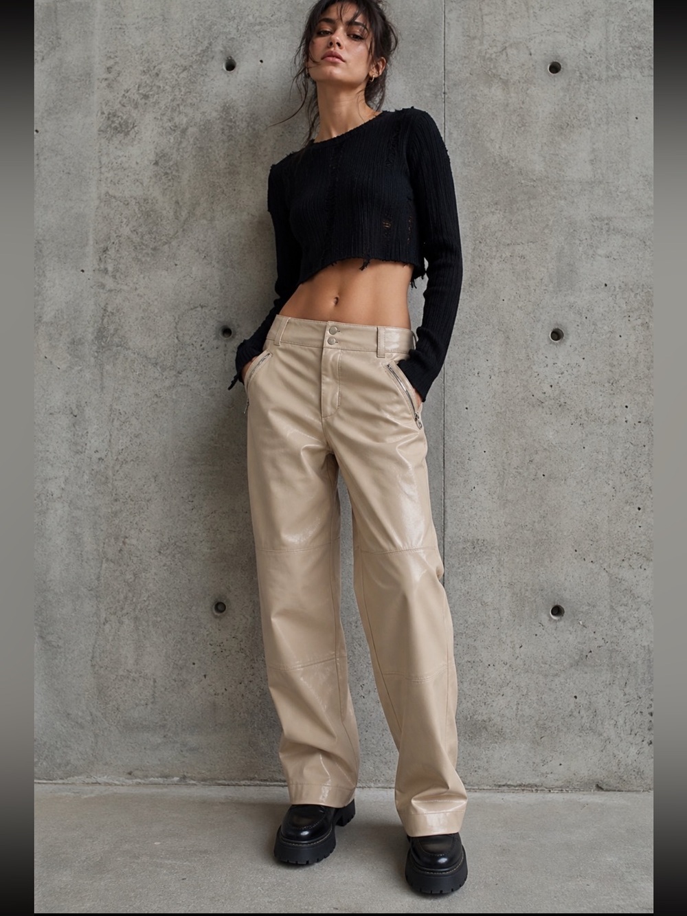 SAINTART Lauren Straight Leg Vegan Leather Pants Size 4 Champagne Beige